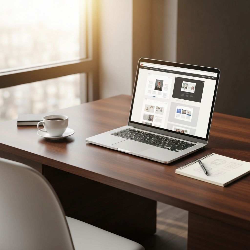 Modern workspace with laptop showing website design mockups